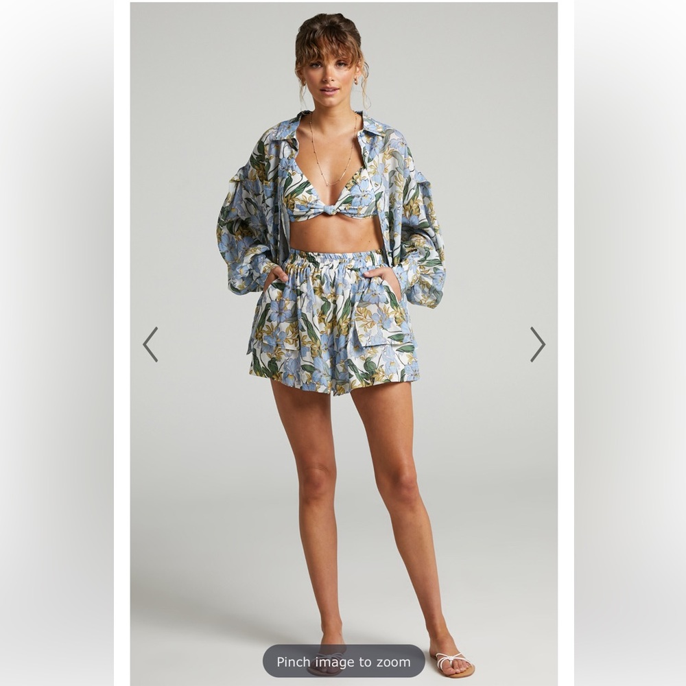 Showpo Blue Floral Button-Up Shirt shorts and bralette - Picture 5 of 10